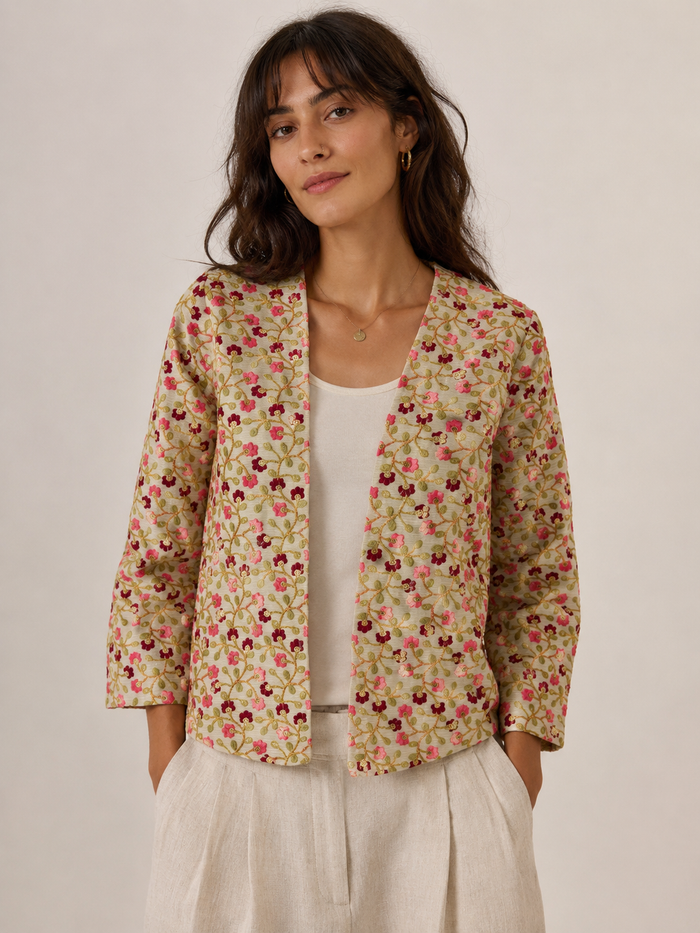 Open front floral embroidered raw silk jacket in off-white, coral pink and deep burgundy with gold zari vines and sequin centres - Festival Jacket Peach by Cienna Designs