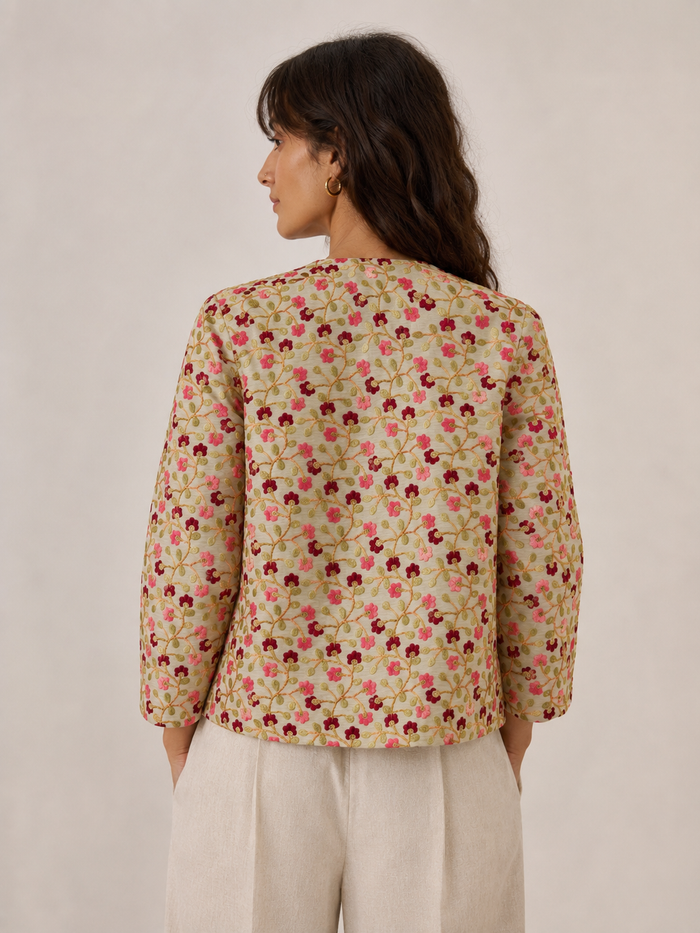Open front floral embroidered raw silk jacket back view in off-white, coral pink and deep burgundy with gold zari vines and sequin centres - Festival Jacket Peach by Cienna Designs