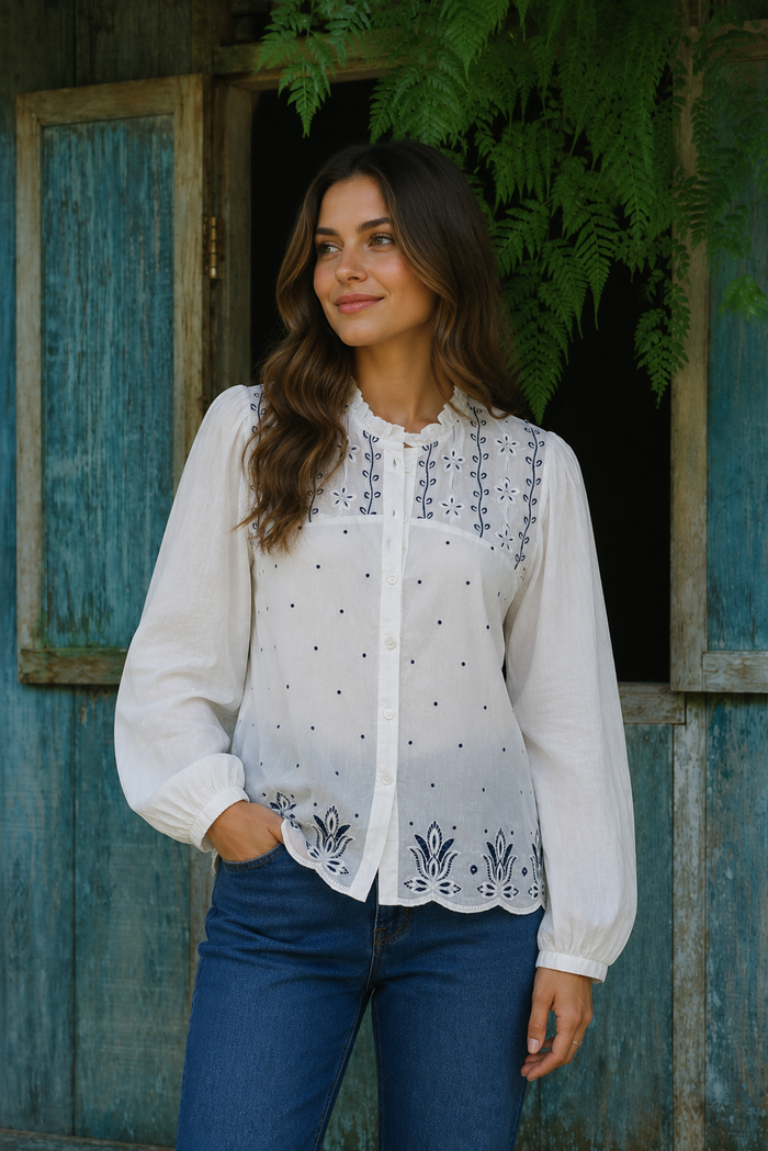Phoebe Top in 100% cotton with relaxed boho fit, Mao collar, button-front placket and navy embroidery across the yoke with artisan scalloped hem - Cienna Designs