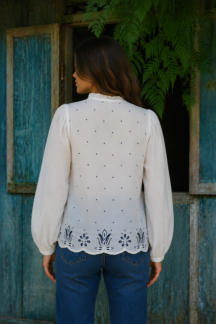 Phoebe Top back view in 100% cotton, relaxed boho silhouette with navy embroidery and scalloped hem - Cienna Designs