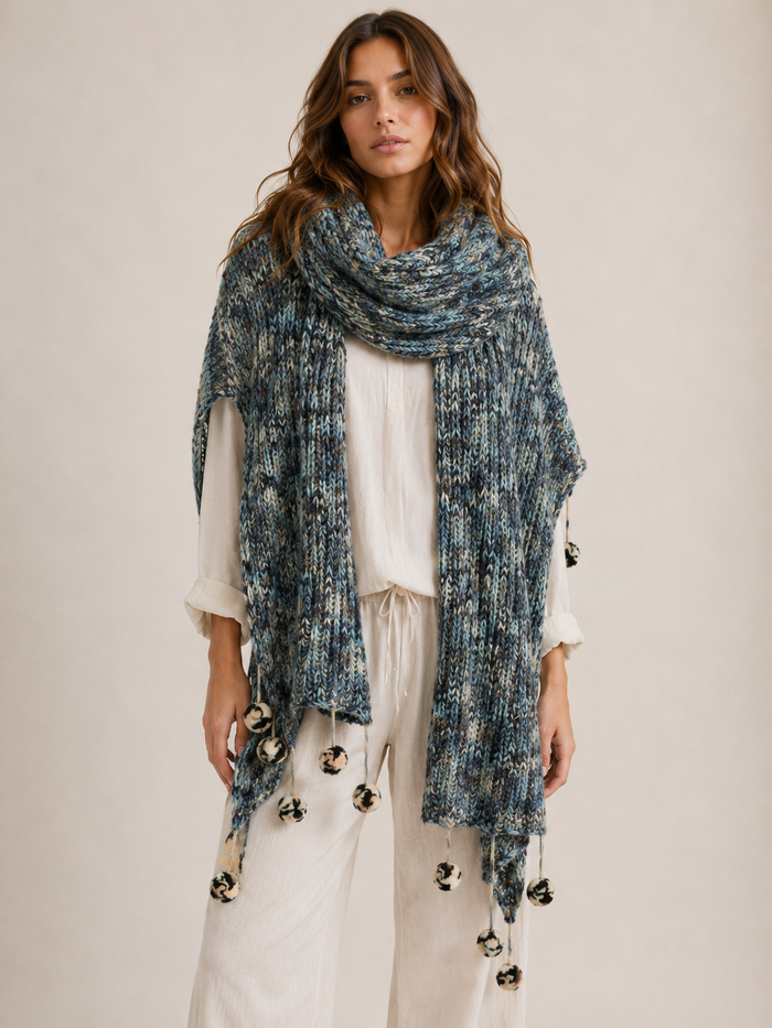 Pompom Wrap blue teal black&white knit worn loosely as wrap