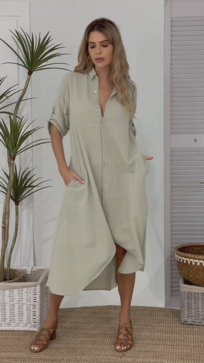 Elea Long Shirt Dress - Sage