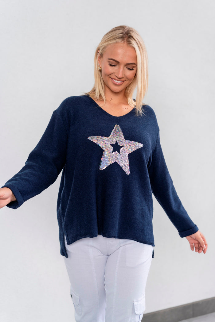 Sequins Star Jumper - Navy and White