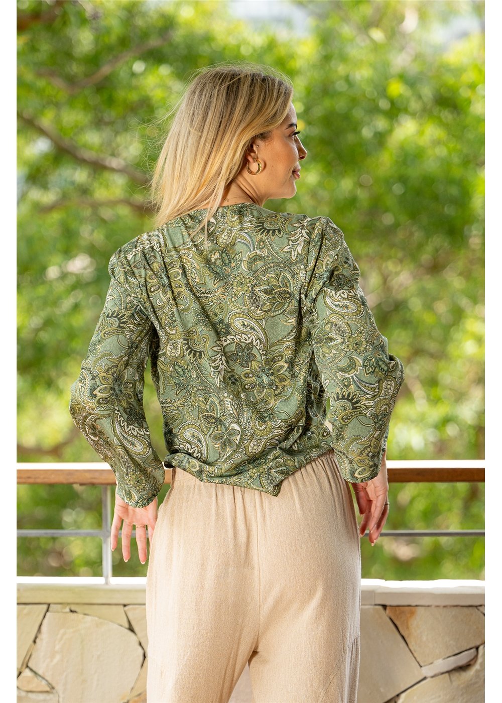Sherwood Crossover Top in silk-polyester paisley, relaxed flowing silhouette in cream gold and forest green — Cienna Designs
