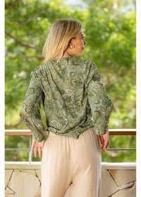 Sherwood Crossover Top in silk-polyester paisley, relaxed flowing silhouette in cream gold and forest green — Cienna Designs