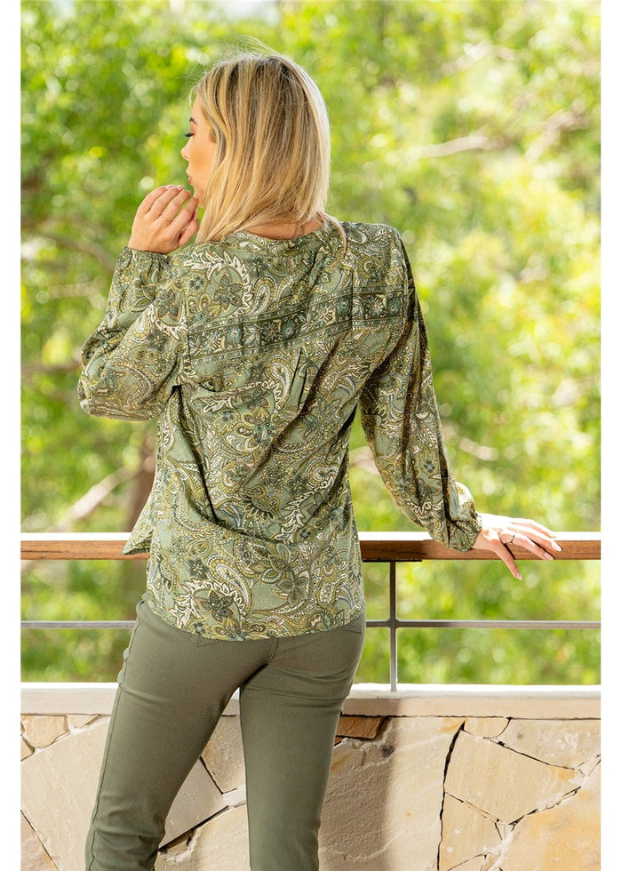 Sherwood Long Sleeve Blouse in flowing paisley silk-polyester, gold and green on cream ground — Cienna Designs