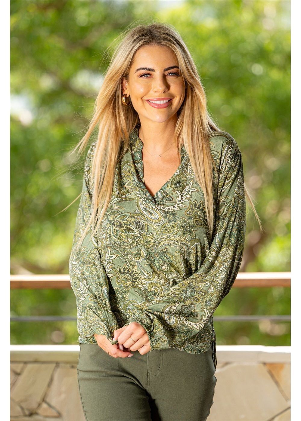 Sherwood Long Sleeve Blouse styled for a day out in cream gold and forest green paisley — Cienna Designs