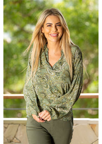 Sherwood Long Sleeve Blouse styled for a day out in cream gold and forest green paisley — Cienna Designs