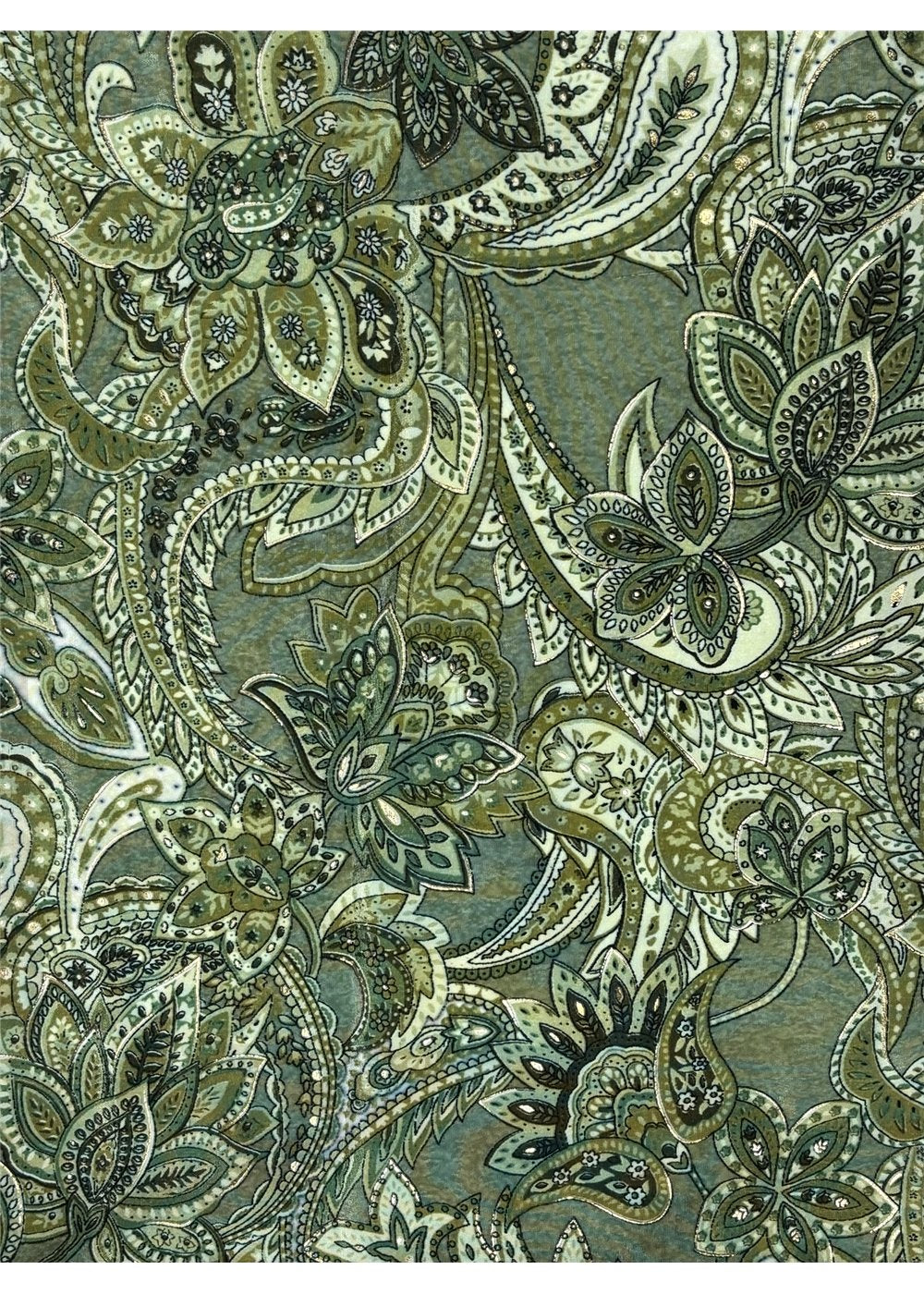 Sherwood Long Sleeve Blouse back view in silk-polyester paisley blend, cream gold and green — Cienna Designs