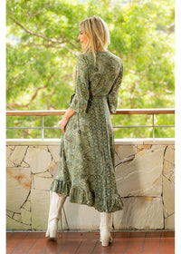 Sherwood Long Sleeve Wrap Dress in flowing paisley silk-polyester, cream gold and forest green — Cienna Designs