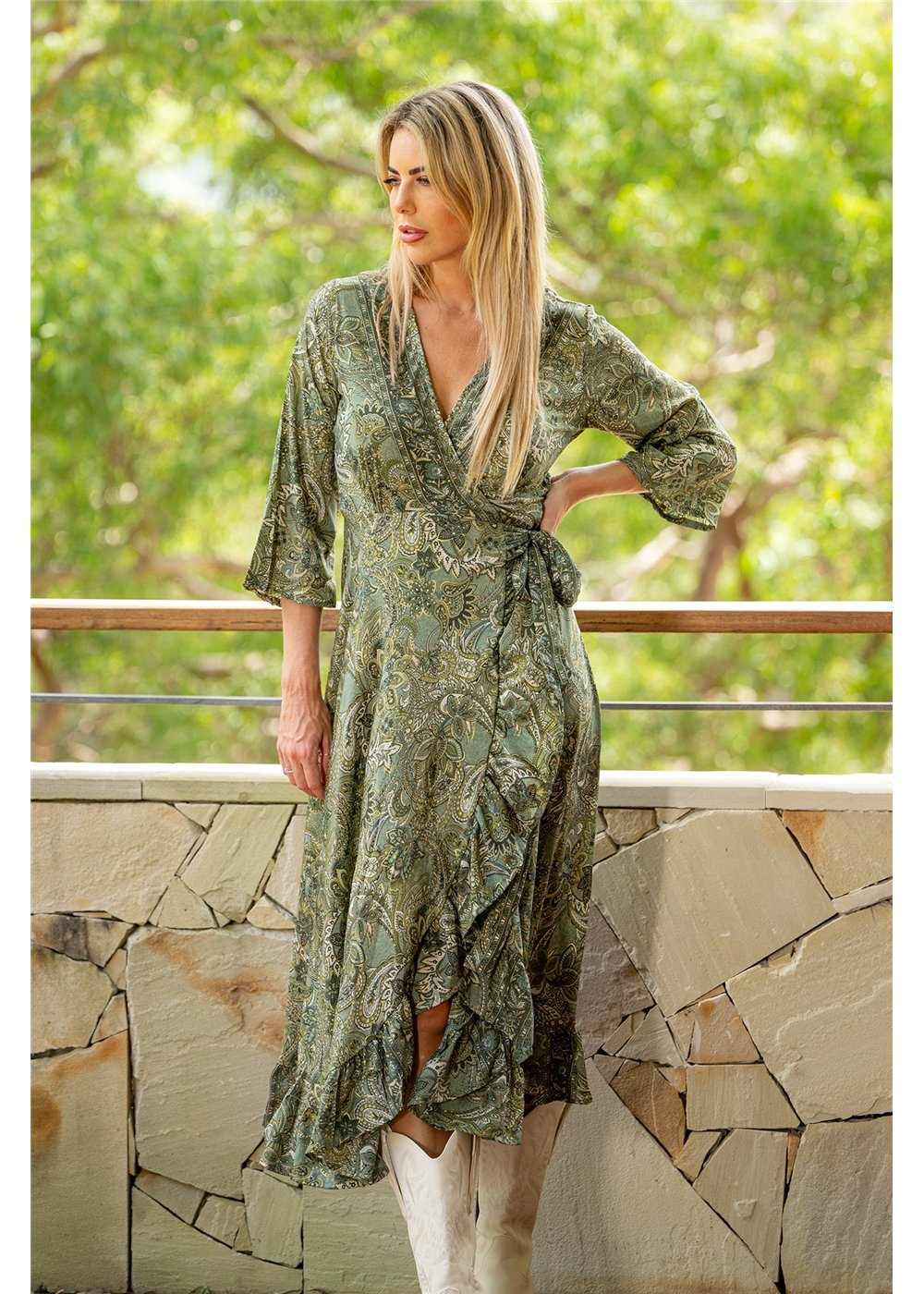 Sherwood Long Sleeve Wrap Dress styled for evening, rich paisley silk-polyester in cream gold and green — Cienna Designs