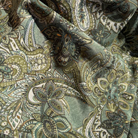 Sherwood Long Sleeve Wrap Dress on model, cream gold and forest green paisley silk-polyester — Cienna Designs