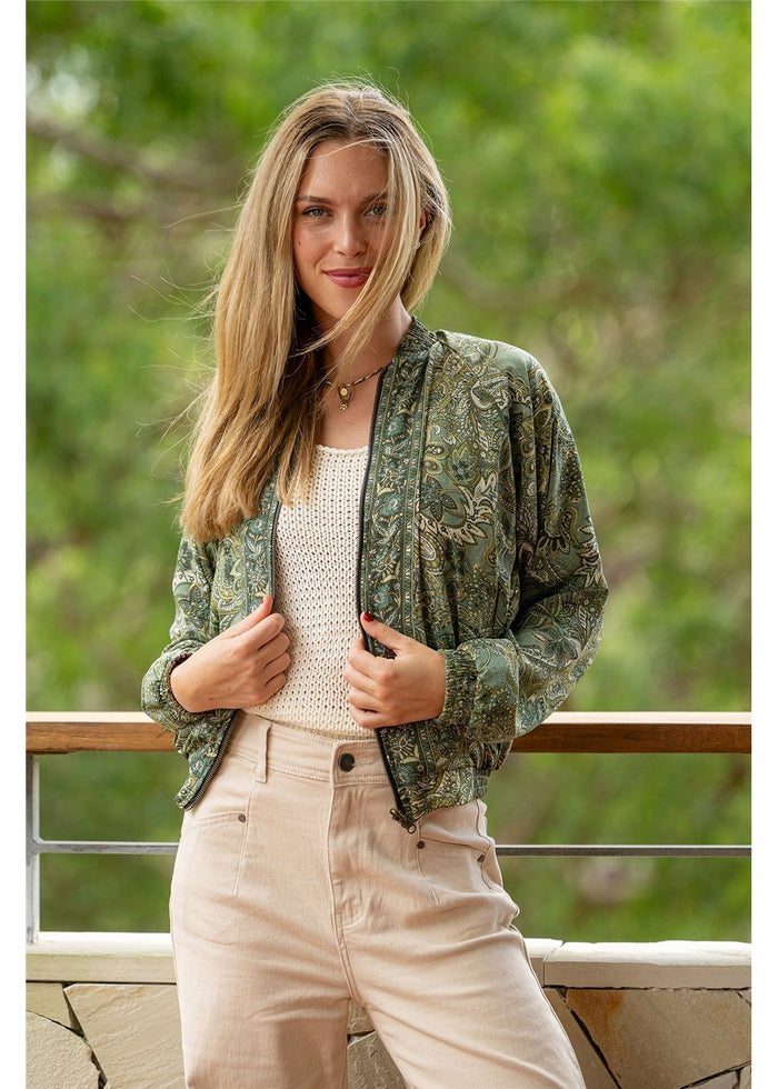 Reversible bomber jacket in the Sherwood paisley print, cream gold and forest green with a vibrant teal floral reverse — Sherwood Reversible Bomber by Cienna Designs