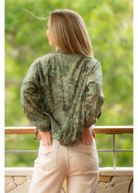 Sherwood Reversible Bomber in silk-polyester blend, rich cream gold and forest green paisley — Cienna Designs