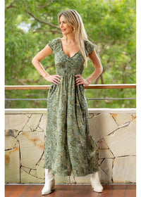 Cienna Designs Sherwood Rosa Jumpsuit in cream gold and forest green paisley print, silk-polyester blend — Sherwood Rosa Jumpsuit by Cienna Designs