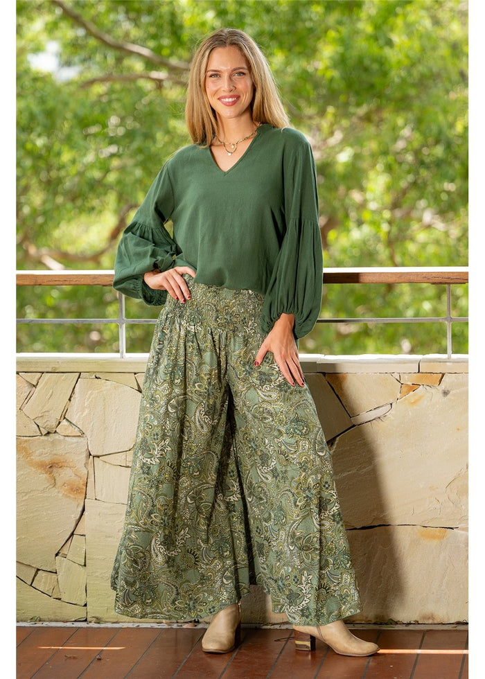 Cienna Designs Sherwood Wide Leg Pant in cream gold and forest green paisley print, silk-polyester blend — Sherwood Wide Leg Pant by Cienna Designs