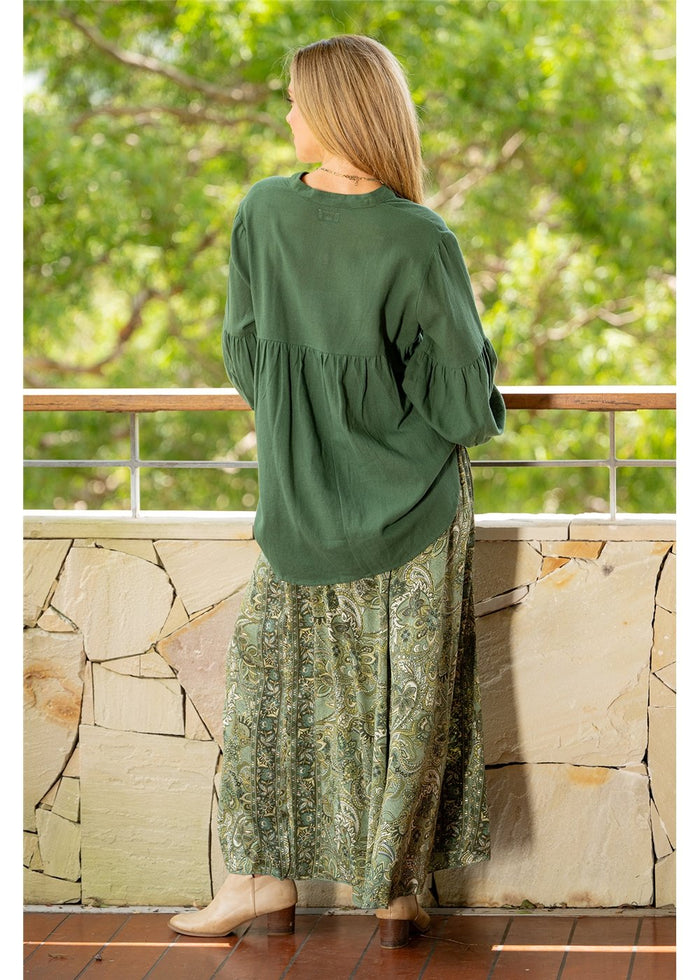 Sherwood Wide Leg Pant in flowing silk-polyester paisley, relaxed wide-leg silhouette — Cienna Designs
