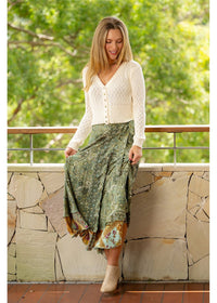 Cienna Designs Sherwood Wrap Skirt in cream gold and forest green paisley print, silk-polyester blend — Sherwood Wrap Skirt by Cienna Designs