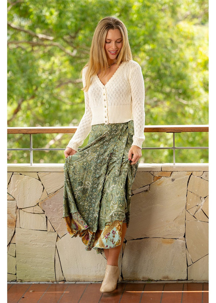 Cienna Designs Sherwood Wrap Skirt in cream gold and forest green paisley print, silk-polyester blend — Sherwood Wrap Skirt by Cienna Designs