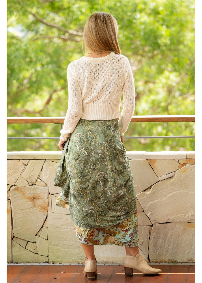 Sherwood Wrap Skirt flowing paisley in cream, gold and forest green, silk-polyester blend — Cienna Designs