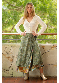 Sherwood Wrap Skirt worn with Sherwood Crossover Top for a two-print boho look — Cienna Designs