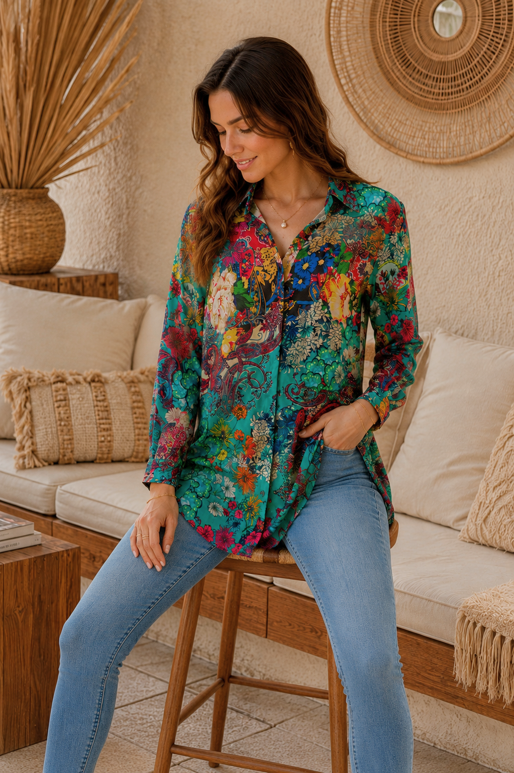 Stef Silk Shirt in semi-sheer silk-viscose blend with bold paisley and floral print in vibrant teal and burgundy, long relaxed fit with roll-tab sleeves and curved high-low hem - Cienna Designs