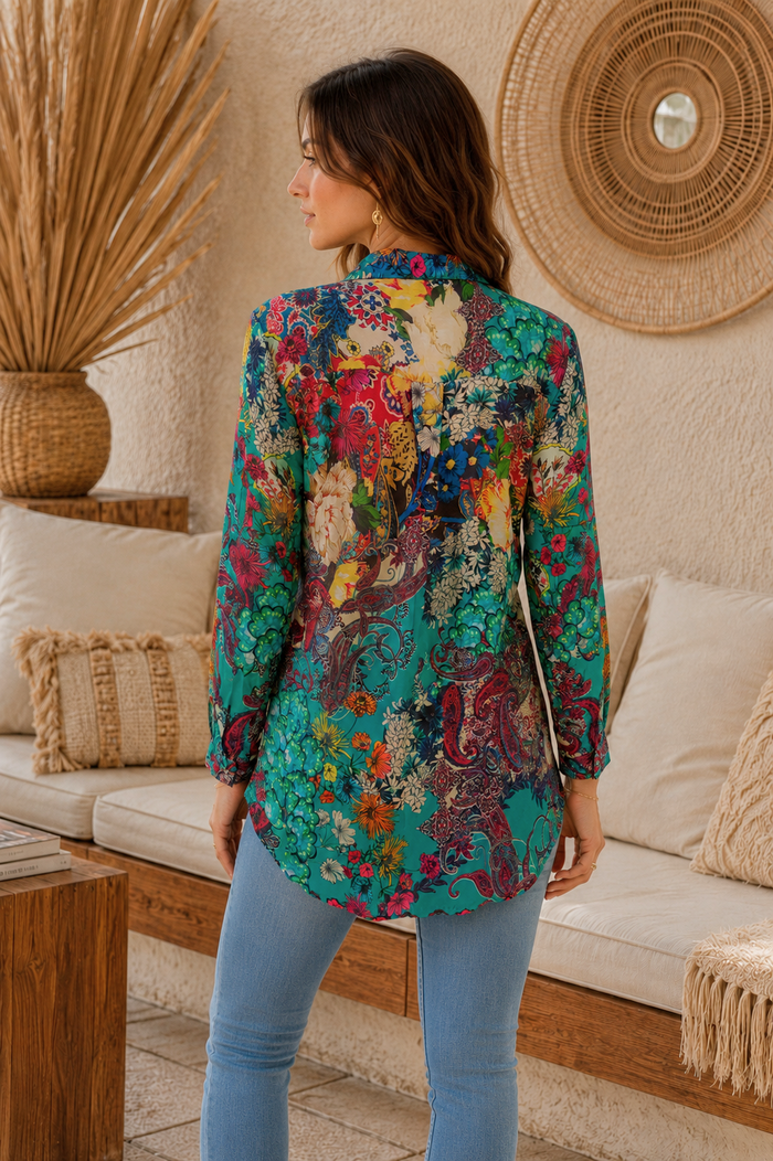 Stef Silk Shirt back view in semi-sheer silk-viscose with bold paisley floral print in teal and burgundy tones - Cienna Designs
