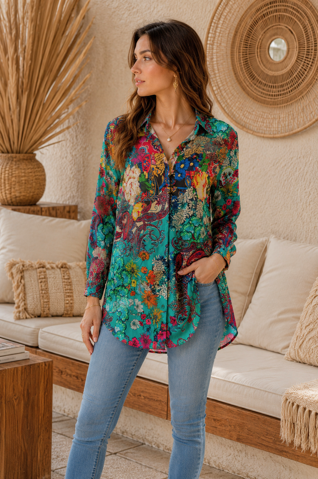 Stef Silk Shirt side view showing curved high-low hem and roll-tab sleeves in semi-sheer silk-viscose paisley fabric - Cienna Designs