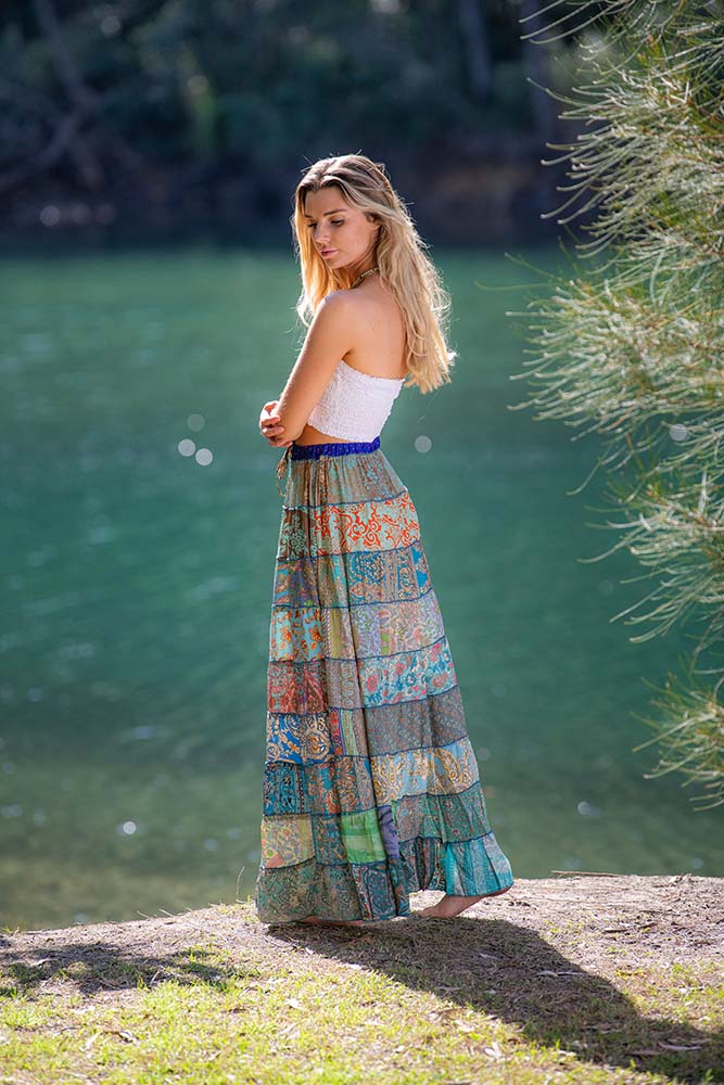 Stevie Skirt | Blue – back view – silk-blend bohemian patchwork maxi skirt – Cienna Designs