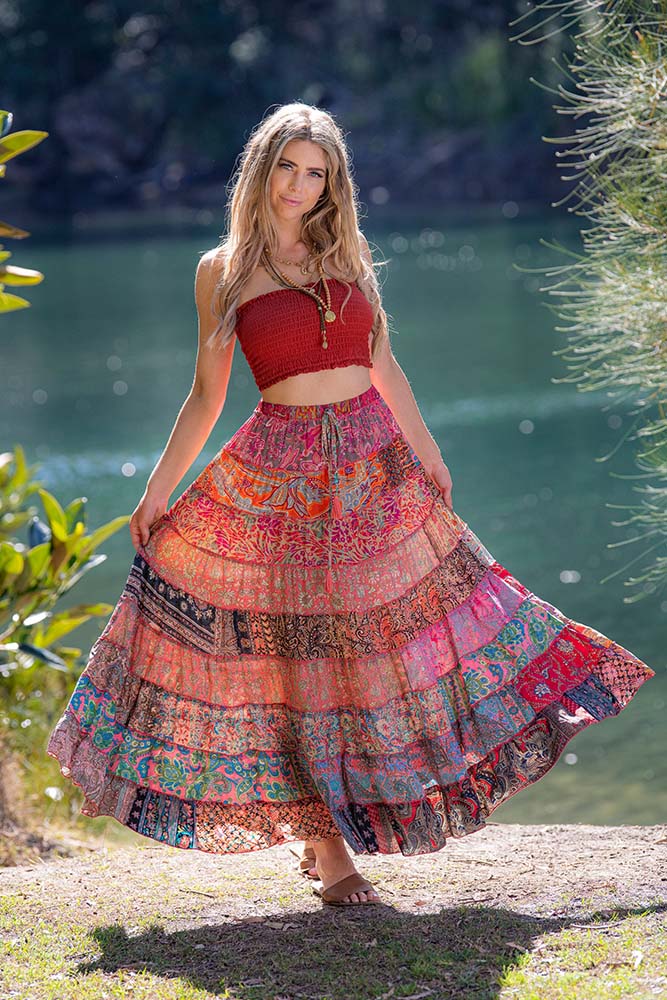 Stevie Skirt | Pink – silk-blend patchwork tiered maxi skirt in vibrant pink and warm coral tones – Cienna Designs