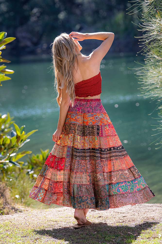 Stevie Skirt | Pink – back view – silk-blend bohemian patchwork maxi skirt – Cienna Designs