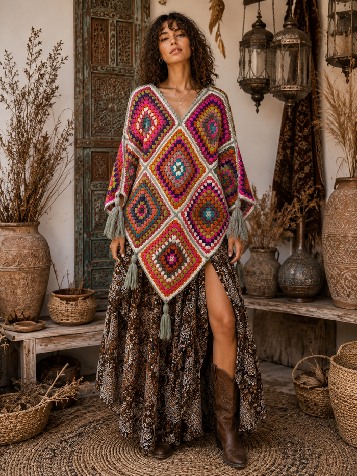 Sunset Mosaic Crochet Poncho with handcrafted granny squares in warm sunset tones of orange, red and burgundy with teal and cream accents and tassel detailing - Cienna Designs