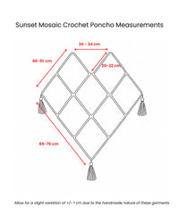 Sunset Mosaic Crochet Poncho measurement diagram showing dimensions - Cienna Designs