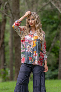 Silk viscose tigerlily print bohemian shirt