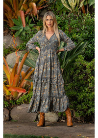 Cienna Designs Twilight Boho Dress in moody charcoal slate and gold paisley, relaxed boho silhouette silk-polyester — Twilight Boho Dress by Cienna Designs