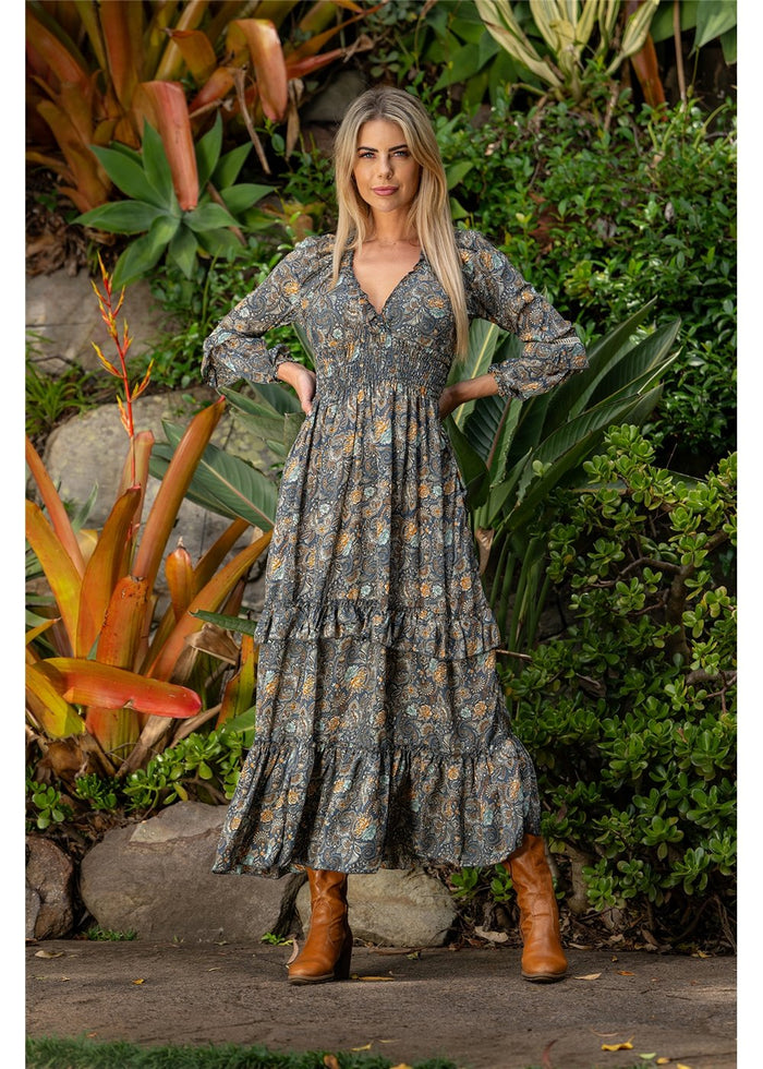 Cienna Designs Twilight Boho Dress in moody charcoal slate and gold paisley, relaxed boho silhouette silk-polyester — Twilight Boho Dress by Cienna Designs