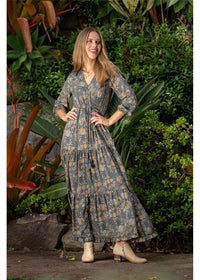 Cienna Designs Twilight Button Front Dress in moody charcoal slate and gold paisley, silk-polyester blend — Twilight Button Front Dress by Cienna Designs