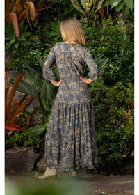 Twilight Button Front Dress in charcoal and gold paisley, button front silhouette in silk-polyester — Cienna Designs