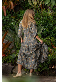 Twilight Button Front Dress moody paisley, styled for day or evening in silk-polyester blend — Cienna Designs