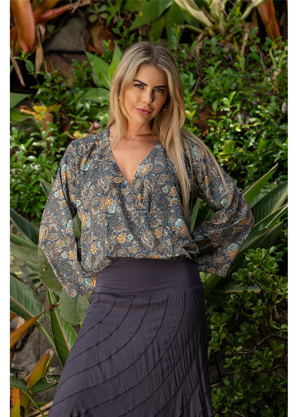 Cienna Designs Twilight Crossover Top in moody paisley print, charcoal slate and gold, deep V-neckline silk-polyester — Twilight Crossover Top by Cienna Designs