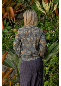 Twilight Crossover Top in charcoal slate and gold paisley, relaxed flowing silhouette in silk-polyester — Cienna Designs