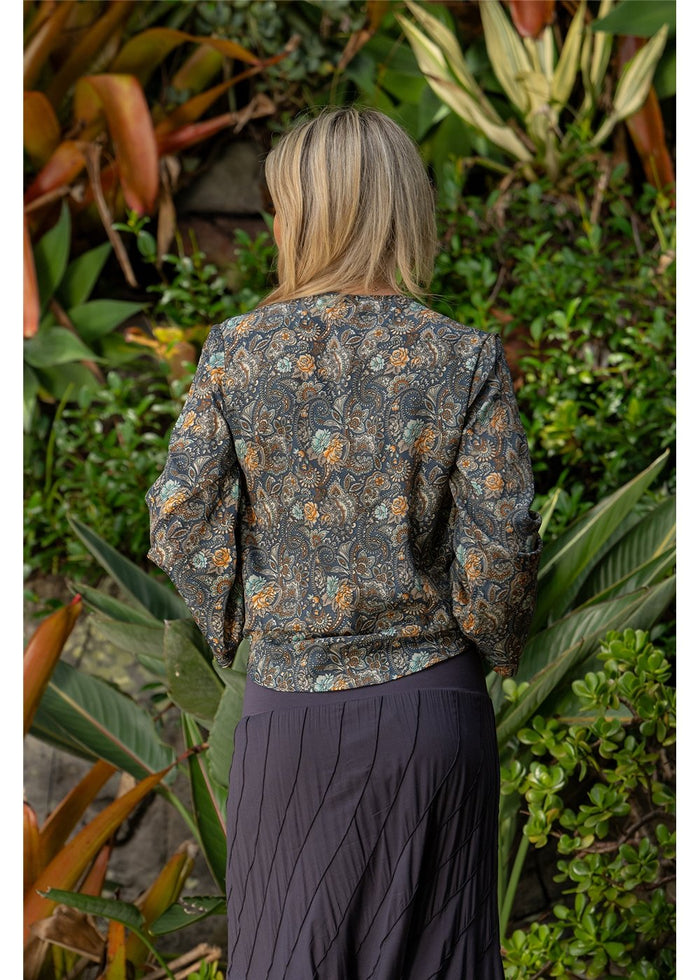 Twilight Crossover Top in charcoal slate and gold paisley, relaxed flowing silhouette in silk-polyester — Cienna Designs