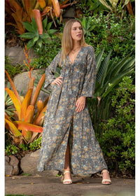 Twilight Flare Sleeve Dress in charcoal and gold paisley, dramatic flare sleeve detail silk-polyester — Cienna Designs