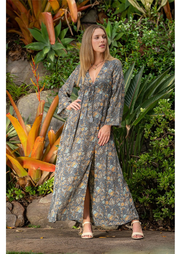 Twilight Flare Sleeve Dress in charcoal and gold paisley, dramatic flare sleeve detail silk-polyester — Cienna Designs