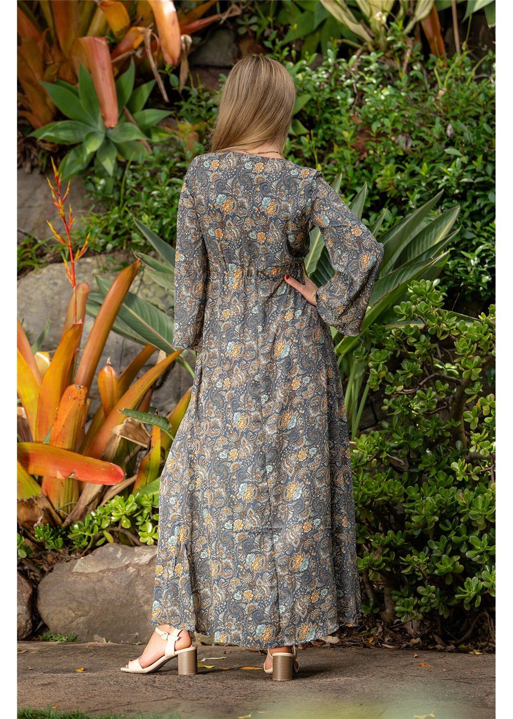 Twilight Flare Sleeve Dress moody paisley styled for evening, charcoal slate and gold — Cienna Designs