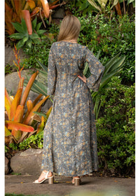 Twilight Flare Sleeve Dress moody paisley styled for evening, charcoal slate and gold — Cienna Designs