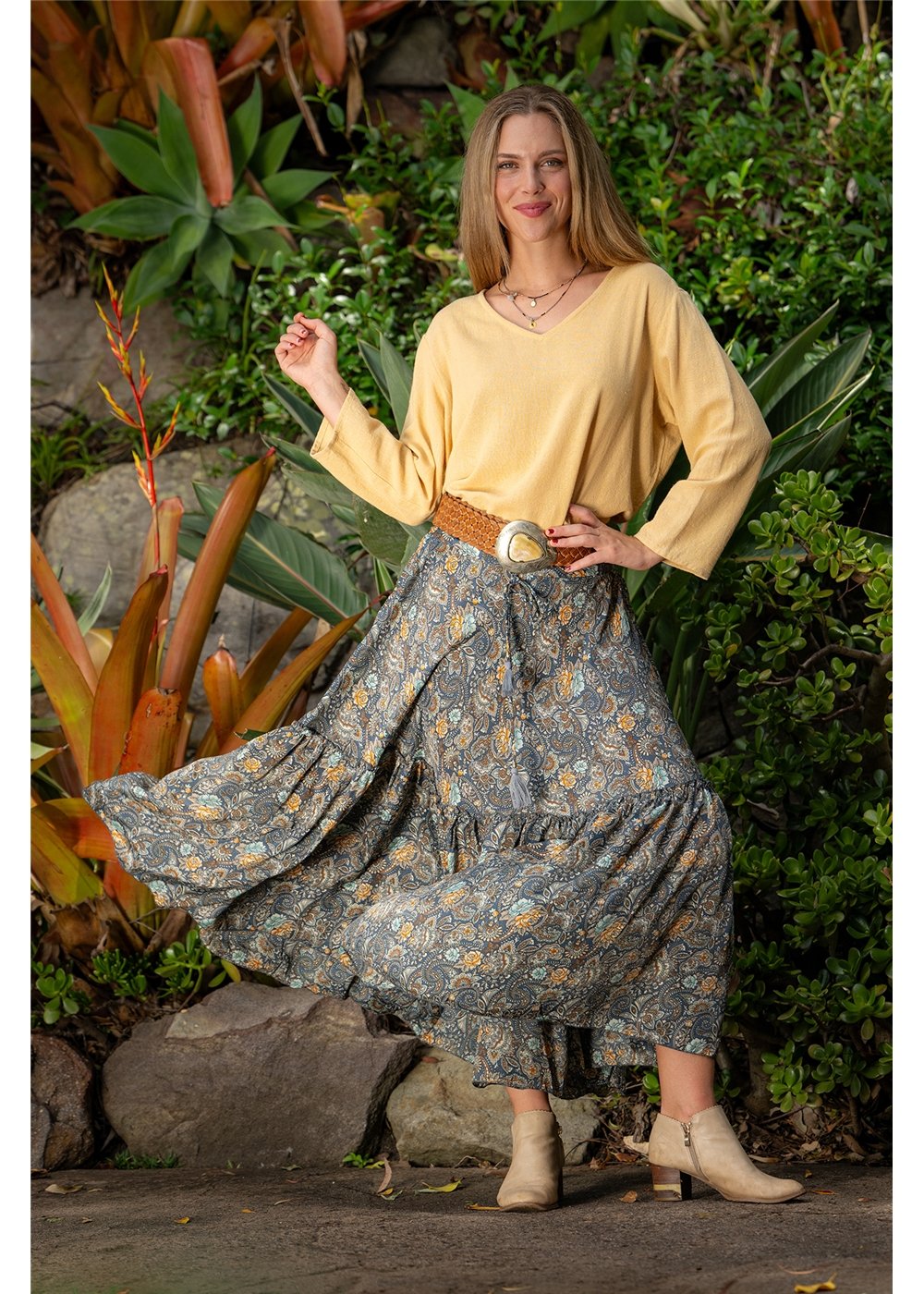 Cienna Designs Twilight Frill Maxi Skirt in moody charcoal slate and gold paisley, silk-polyester blend — Twilight Frill Maxi Skirt by Cienna Designs