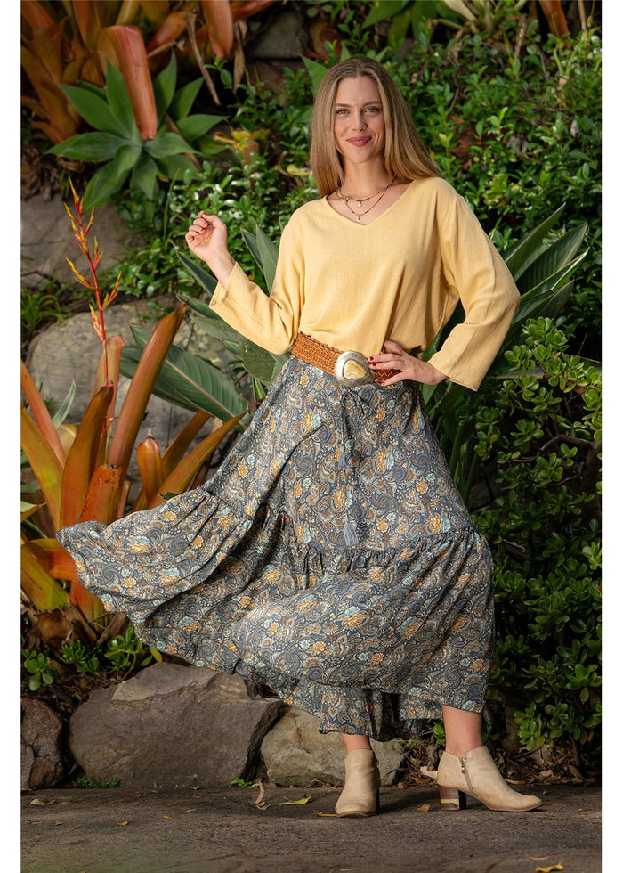 Cienna Designs Twilight Frill Maxi Skirt in moody charcoal slate and gold paisley, silk-polyester blend — Twilight Frill Maxi Skirt by Cienna Designs