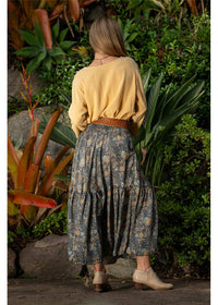Twilight Frill Maxi Skirt in charcoal and gold paisley, flowing frill hem in silk-polyester — Cienna Designs