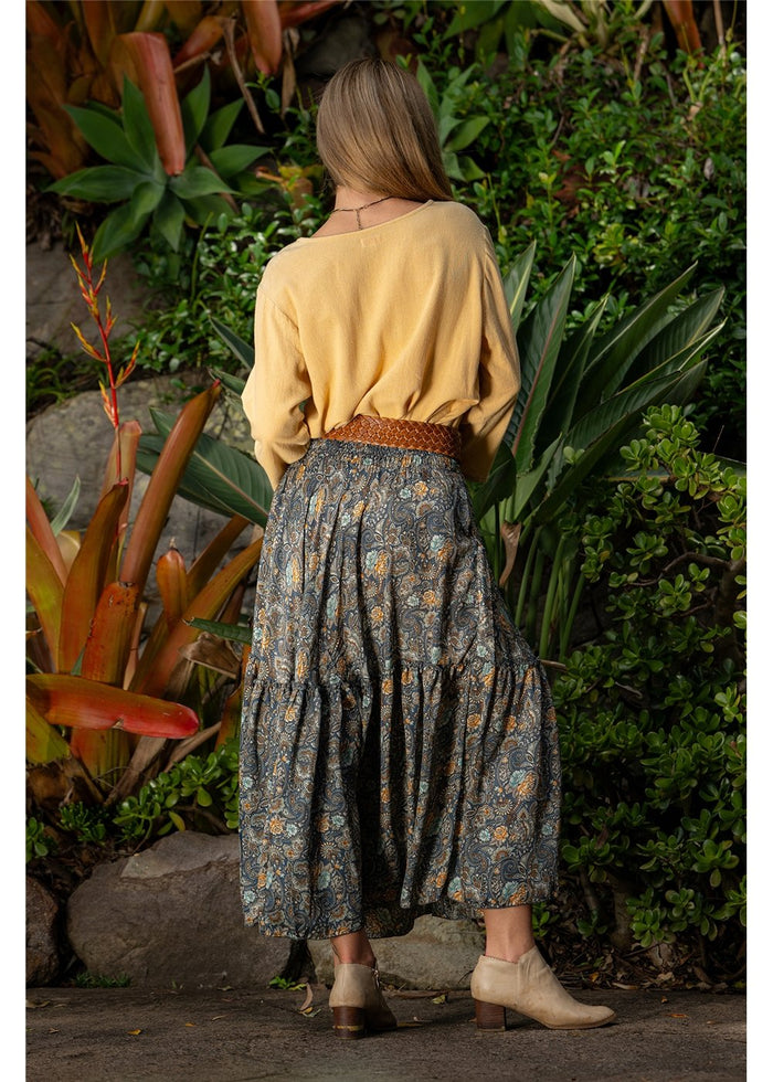 Twilight Frill Maxi Skirt in charcoal and gold paisley, flowing frill hem in silk-polyester — Cienna Designs